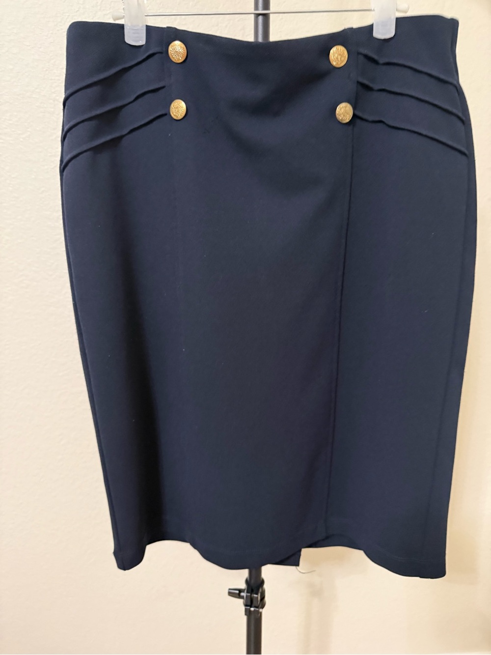 Soho Navy Pencil Skirt with Gold Button Detail